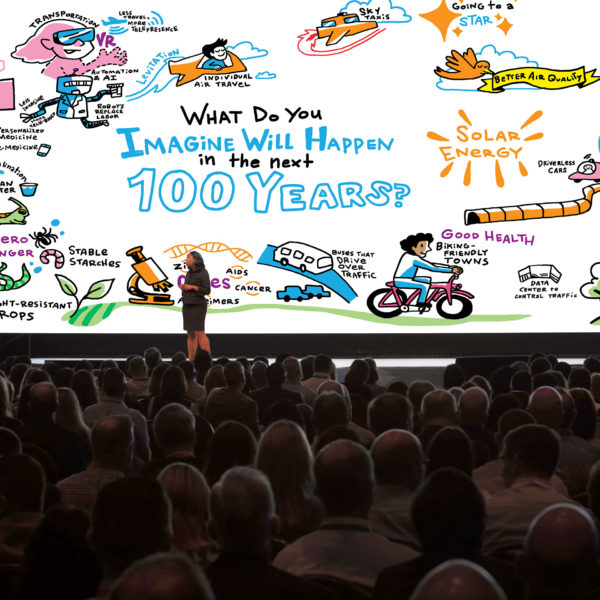 ImageThink on stage showcasing large format digital graphic recording conference support.