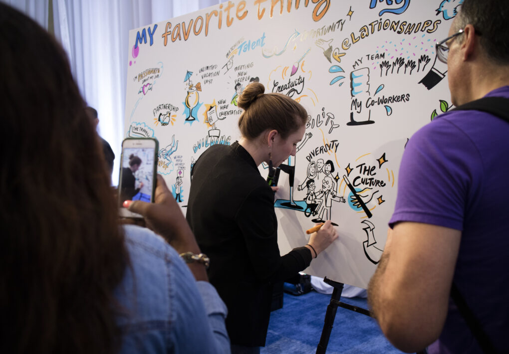 Trade show booth ideas - an ImageThink social listening mural to capture attendee sentiment.