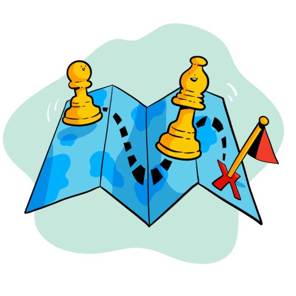 ImageThink icon for strategy - an illustrated map with two chess pieces on top, following a dotted line to a destination - marked by a red "X" and flag.