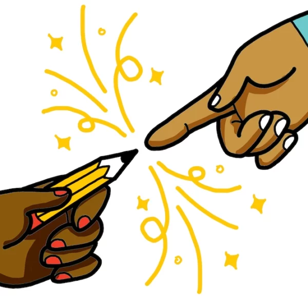 Illustration of hand grasping pencil and reaching toward finger on another hand