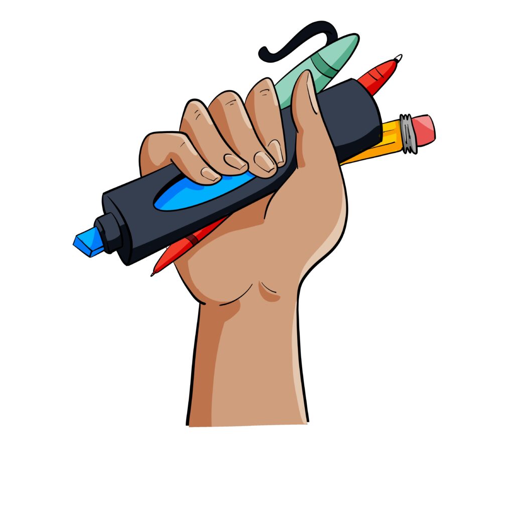 Hand holding creativity tools - markers, pens, and pencils.
