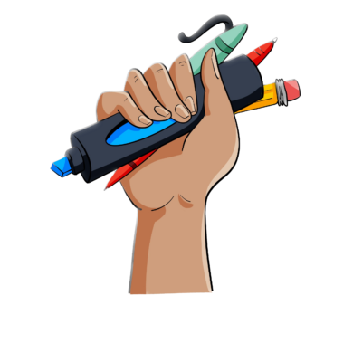 hand holding markers and other writing implements against a transparent background.