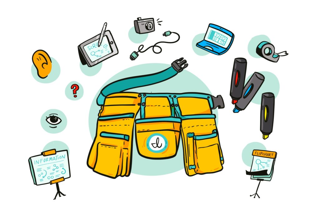 A graphic facilitator's toolbelt containing common graphic facilitation tools.